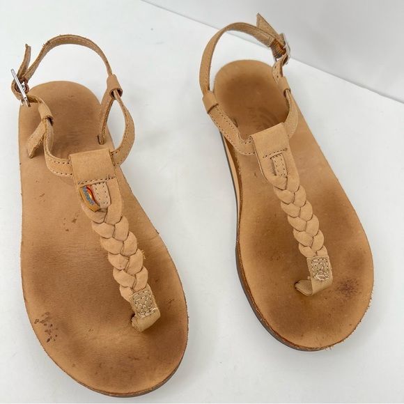 Rainbow brown leather braided T- Strap flat sandals - Picture 3 of 10